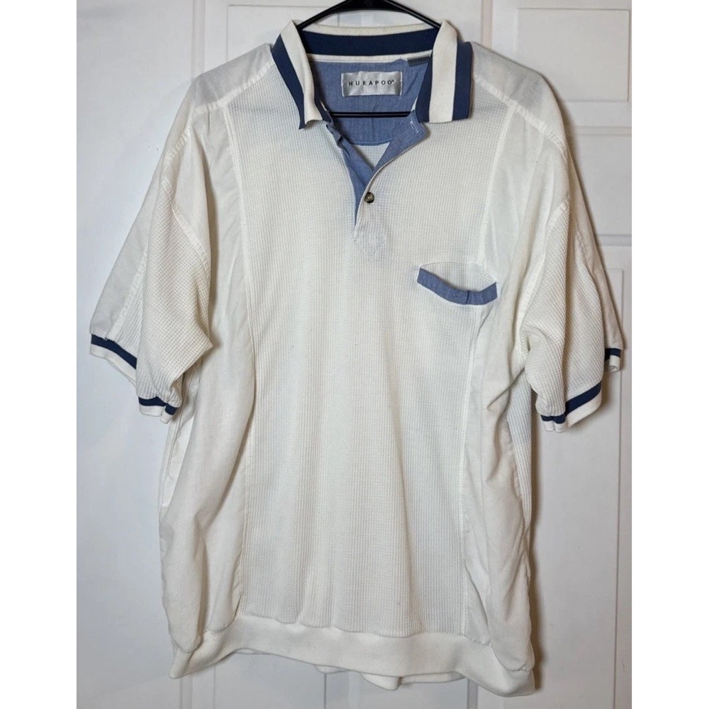 Vintage 80s Hukapoo Men's XL Polo Shirt White Blue Knit Banded Retro